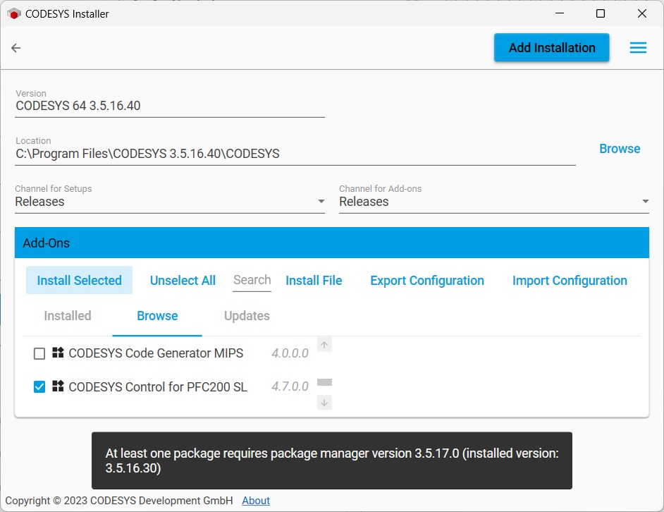 Codesys Package Manager 3.5.17.0 is required